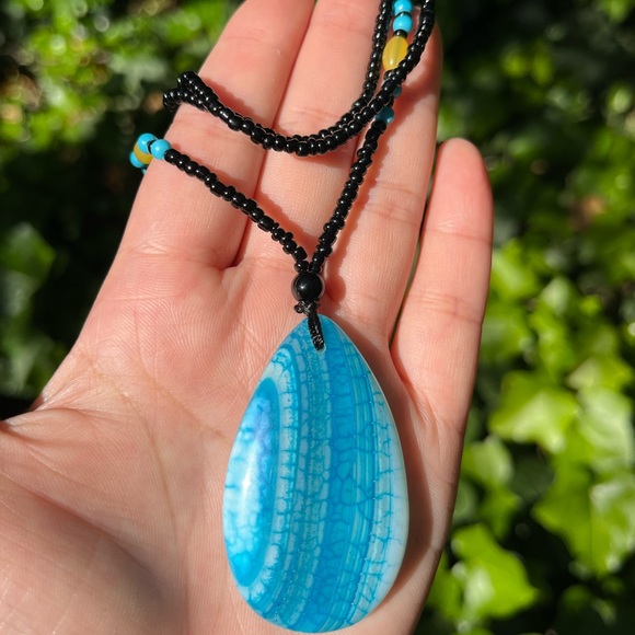 Long blue agate‎ glass bead necklace - Picture 4 of 8